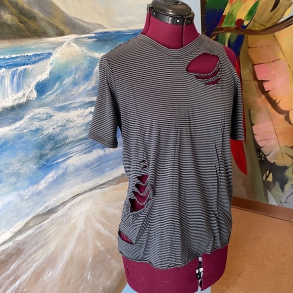 Striped Black and Gray Distressed Women's Top - Picture 1 of 5